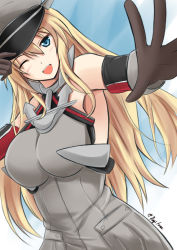 Rule 34 | 10s, 1girl, ;d, armpits, bismarck (kancolle), blonde hair, blue eyes, breasts, brown gloves, detached sleeves, dutch angle, fuuma nagi, gloves, hat, kantai collection, large breasts, long hair, looking at viewer, one eye closed, open mouth, peaked cap, smile, solo