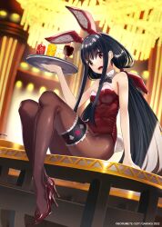 Rule 34 | 1girl, animal ears, black hair, blurry, blurry background, blush, borumete, bow, bowtie, breasts, brown footwear, brown pantyhose, chandelier, copyright notice, cup, detached collar, drinking glass, fake animal ears, fake tail, hairband, high heels, highres, holding, holding weapon, indoors, leotard, long hair, looking at viewer, open mouth, original, pantyhose, patent heels, playboy bunny, pumps, rabbit ears, red eyes, red footwear, shoes, sitting, small breasts, smile, solo, stiletto heels, tail, teeth, thigh strap, upper teeth only, very long hair, weapon, wine glass