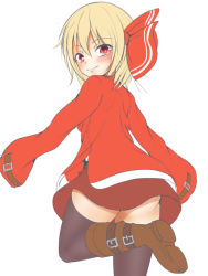 Rule 34 | 1girl, ass, black thighhighs, blonde hair, blush, boots, hair ribbon, looking at viewer, looking back, red eyes, ribbon, roro (sghona10), rumia, short hair, skirt, sleeves past wrists, smile, solo, thighhighs, touhou
