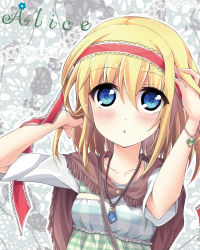 Rule 34 | 1girl, alice margatroid, alternate costume, arms up, bad id, bad pixiv id, blonde hair, blue eyes, blush, bracelet, cape, collarbone, contemporary, female focus, hairband, hands in hair, jewelry, looking at viewer, necklace, open mouth, oruto (ort+), oruton, pendant, short sleeves, solo, touhou, upper body