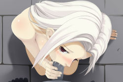 Rule 34 | 1boy, 1girl, breasts, character request, fellatio, nail polish, oral, red eyes, source request, tagme, tears, white hair