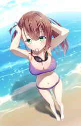 Rule 34 | 1girl, barefoot, beach, bikini, breasts, brown hair, cleavage, day, dutch angle, full body, goggles, green eyes, highres, large breasts, long hair, navel, ninnzinn, ocean, original, outdoors, sky, solo, swimsuit