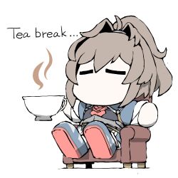 Rule 34 | 1girl, ascot, blue shirt, brown hair, chibi, closed eyes, couch, cup, hair intakes, kantai collection, medium hair, messy hair, no mouth, on couch, ponytail, red ascot, sheffield (kancolle), shirt, sitting, task (s task80), tea, teacup, uniform