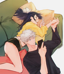 Rule 34 | 1boy, 1girl, black hair, black shirt, black shorts, blue eyes, bow, brown eyes, cellphone, closed mouth, couch, couple, feet out of frame, gojou satoru, hair between eyes, hetero, highres, holding, holding hands, holding phone, iori utahime, jujutsu kaisen, long hair, long sleeves, lying, on side, open mouth, phone, pillow, profile, scar, scar on face, shirt, short hair, short shorts, shorts, simple background, suvin (mononochi), thighs, upper body, white background, white bow, white hair, yellow shirt