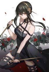 Rule 34 | 1girl, absurdres, bare shoulders, black dress, black hair, black thighhighs, breasts, cleavage, dress, flower, hairband, highres, holding, holding weapon, hoshi rasuku, long hair, looking at viewer, red eyes, rose, solo, spy x family, thighhighs, weapon, yor briar