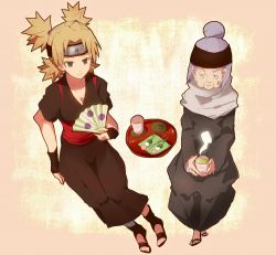 Rule 34 | 2girls, age difference, blonde hair, chiyo (naruto), cup, female focus, full body, green eyes, hand fan, holding, holding cup, multiple girls, naruto (series), naruto shippuuden, temari (naruto), toes, yokige