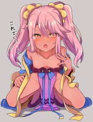 Rule 34 | 1girl, blush, breasts, chawan (yultutari), chinese clothes, chloe von einzbern, collarbone, dark-skinned female, dark skin, dress, fate/kaleid liner prisma illya, fate (series), hair between eyes, hair ornament, hair scrunchie, hanfu, highres, long hair, long sleeves, looking at viewer, open mouth, orange eyes, pelvic curtain, pink hair, purple dress, scrunchie, shawl, sidelocks, small breasts, solo, squatting, thighs, translation request, twintails, wide sleeves, wu zetian (first ascension) (fate), yellow scrunchie