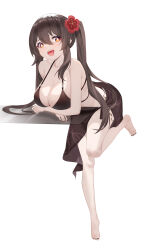 Rule 34 | 1girl, absurdres, alternate breast size, bare shoulders, bikini, black bikini, black nails, blush, breasts, brown hair, candy shunya, cleavage, flower, flower-shaped pupils, full body, genshin impact, highres, hu tao (genshin impact), large breasts, long hair, looking at viewer, red eyes, smile, solo, swimsuit, symbol-shaped pupils, thighs, toes, twintails, white background
