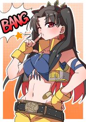 Rule 34 | 1girl, akitokage, bandaid, bandeau, bare shoulders, belt, black hair, blue bandeau, breasts, cropped vest, earrings, fate/grand order, fate (series), fingerless gloves, gloves, hair ribbon, highres, hoop earrings, ishtar (fate), jewelry, long hair, looking at viewer, medium breasts, multicolored hair, navel, one eye closed, parted bangs, red eyes, red hair, ribbon, short shorts, shorts, solo, space ishtar (fate), space ishtar (second ascension) (fate), speech bubble, tiara, two-tone hair, two side up, vest, yellow gloves, yellow shorts, yellow vest