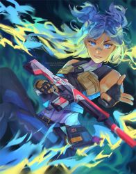 Rule 34 | 1girl, animification, armpits, bandages, bandaid, bandaid on face, bandaid on nose, blue eyes, blue gloves, blue hair, blue jacket, breasts, electricity, finger, fingerless gloves, gloves, gun, highres, jacket, lightning, looking at viewer, neon (valorant), short hair, sleeveless, sleeveless jacket, small breasts, smile, solo, tattoo, valorant, weapon