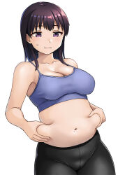Rule 34 | 1girl, black leggings, breasts, brown hair, closed mouth, commentary request, embarrassed, hashi, leggings, medium breasts, medium hair, mole, mole on stomach, navel, original, plump, purple eyes, solo, stomach, sweatdrop, weight conscious, white background