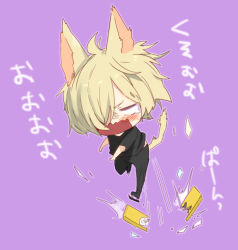 Rule 34 | 1boy, animal ears, blonde hair, blue eyes, blush, breaking, cat boy, cat ears, cat tail, cellphone, chibi, hair over one eye, male focus, open mouth, phone, purple background, rayu, smartphone, tail, tears, throwing, translation request, wavy mouth, yuri!!! on ice, yuri plisetsky