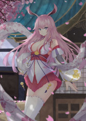 Rule 34 | 1girl, absurdres, animal ears, architecture, bare shoulders, branch, cherry blossoms, cleavage cutout, closed mouth, clothing cutout, east asian architecture, fox ears, highres, honkai (series), honkai impact 3rd, japanese clothes, long hair, looking at viewer, miko, na2cl, outdoors, petals, pink hair, purple eyes, smile, solo, thighhighs, white sleeves, white thighhighs, yae sakura