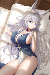 Rule 34 | 1girl, absurdres, animal ear fluff, animal ears, azur lane, bare legs, black dress, blunt bangs, breasts, choker, cleavage, commentary request, dress, fox ears, futon, highres, large breasts, long hair, looking at viewer, lying, mixed-language commentary, official alternate costume, on back, pillow, purple eyes, raurashun, shinano (azur lane), shinano (dreams of the hazy moon) (azur lane), sideboob, silver hair, smile, solo, thighs, two-tone dress, white dress