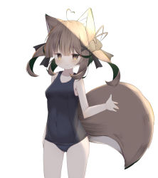 Rule 34 | 1girl, ahoge, animal ear fluff, animal ears, bad id, bad pixiv id, bare arms, bare shoulders, black bow, black one-piece swimsuit, blush, bow, breasts, brown eyes, brown hair, closed mouth, commentary request, covered navel, fang, fang out, gluteal fold, green hair, hair between eyes, hair bow, hair ornament, hairclip, heart, heart ahoge, looking at viewer, multicolored hair, old school swimsuit, one-piece swimsuit, original, risu (ritharte), school swimsuit, simple background, small breasts, smile, solo, standing, swimsuit, tail, two-tone hair, white background, x hair ornament