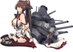 Rule 34 | 1girl, black thighhighs, boots, breasts, brown hair, clothing cutout, coat, collar, full body, gradient footwear, gradient legwear, hair intakes, headgear, kantai collection, large breasts, long hair, looking at viewer, looking to the side, machinery, metal collar, official art, ponytail, shizuma yoshinori, shoulder cutout, sitting, sleeveless, sleeveless coat, solo, thigh boots, thighhighs, torn clothes, transparent background, turret, wariza, white coat, yamato (kancolle), yamato kai ni (kancolle)