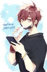 Rule 34 | 1boy, black mask, black shirt, blue background, cup, highres, holding, holding cup, kajiyama fuuta, kao ru05, looking at viewer, male focus, mask, milgram, mouth mask, multicolored background, red eyes, red hair, shirt, short hair, short sleeves, solo, translation request, white background, wristband