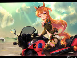 Rule 34 | 1girl, airfield, animal ears, belt, black bow, black thighhighs, blowing kiss, blue sky, blurry, blurry background, blush, bomber jacket, bow, brown jacket, clothing cutout, cloud, cloudy sky, commentary request, ear bow, harness, horse ears, horse girl, horse tail, jacket, lens flare, letterboxed, long hair, long sleeves, mayano top gun (umamusume), motor vehicle, motorcycle, on motorcycle, one eye closed, open clothes, open jacket, orange eyes, orange hair, outdoors, peteron, shorts, sitting, sky, solo, tail, tail through clothes, thighhighs, twitter username, umamusume, white shorts