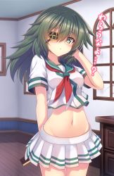 Rule 34 | 10s, 1girl, absurdres, blush, breasts, cabinet, closed mouth, cowboy shot, eyepatch, gift, green eyes, green hair, groin, hair between eyes, hand in own hair, hand up, highres, holding, holding gift, indoors, kantai collection, kiso (kancolle), long hair, looking at viewer, medium breasts, midriff, miniskirt, murasame shia, navel, neckerchief, pleated skirt, red neckerchief, school uniform, serafuku, short sleeves, skirt, solo, standing, valentine, white skirt, window