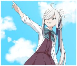 Rule 34 | 1girl, ahoge, asashimo (kancolle), blue sky, bow, bowtie, cloud, day, from below, grey eyes, grin, hair over one eye, halterneck, kantai collection, long hair, long sleeves, moti coi, pointing, ponytail, school uniform, sharp teeth, shirt, silver hair, sky, smile, solo, teeth, white shirt