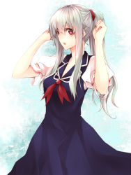 Rule 34 | 1girl, alternate hairstyle, arms up, blue dress, dress, female focus, hair tie, kamishirasawa keine, long hair, looking at viewer, open mouth, ponytail, puffy sleeves, red eyes, silver hair, simple background, solo, touhou, yutazou