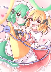 Rule 34 | 2girls, :d, :o, absurdres, ako oekaki, alternate costume, apron, ascot, back bow, black bow, black bowtie, blonde hair, blouse, blurry, blush, bow, bowtie, commentary request, cowboy shot, dot nose, enmaided, eyes visible through hair, fang, flandre scarlet, frilled apron, frilled shirt collar, frilled skirt, frilled sleeves, frills, green eyes, green hair, green skirt, hair bow, hand up, heads together, heart, heart in eye, heart of string, highres, komeiji koishi, looking at viewer, maid, maid headdress, multiple girls, open mouth, parted lips, puffy short sleeves, puffy sleeves, red eyes, red skirt, red vest, shirt, short hair, short sleeves, skirt, sleeves past fingers, sleeves past wrists, smile, split mouth, standing, symbol in eye, third eye, touhou, vest, waist apron, white apron, white bow, white shirt, yellow ascot, yellow shirt