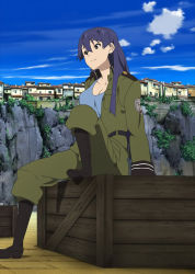 Rule 34 | 1girl, blue hair, boots, box, breasts, cleavage, cloud, crate, day, female focus, highres, kazumiya rio, long hair, military, military uniform, nature, non-web source, on box, outdoors, sitting, sitting on box, sky, solo, sora no woto, uniform