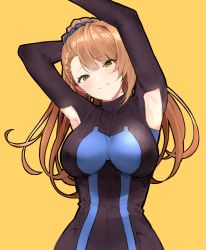 Rule 34 | 1girl, armpit cutout, armpits, arms up, asymmetrical bangs, beatrix (granblue fantasy), black bodysuit, blush, bodysuit, breasts, brown eyes, brown hair, closed mouth, clothing cutout, granblue fantasy, green eyes, highres, large breasts, long hair, looking at viewer, ponytail, remora180, scrunchie, simple background, smile, solo, swept bangs, yellow background