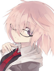 Rule 34 | 1girl, arms at sides, black-framed eyewear, close-up, closed mouth, collared shirt, fate/grand order, fate (series), from side, hair over one eye, hand on own chest, hood, hoodie, light purple hair, looking at viewer, mash kyrielight, nagishiro mito, necktie, open clothes, open hoodie, pink hair, purple eyes, red necktie, shirt, short hair, simple background, smile, solo, upper body, white background, white shirt, wing collar