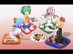 Rule 34 | 4girls, :d, animal ears, animal hands, antennae, arm support, bandages, barefoot, bike shorts, bird wings, blonde hair, blue eyes, blue hair, blush, bow, candy, cape, cato (monocatienus), cirno, closed eyes, collarbone, cookie, dress, eating, elbow gloves, fang, food, ghost costume, gloves, green eyes, green hair, hair bow, hair ribbon, halloween, halloween costume, hood, hoodie, ice, ice wings, jack-o&#039;-lantern, letterboxed, midriff, miniskirt, multiple girls, mummy, mystia lorelei, navel, open mouth, paw gloves, pillow, plate, pocky, pumpkin, purple hair, reaching, red eyes, ribbon, rumia, shirt, short hair, short sleeves, shorts, shrugging, sitting, skirt, sleeveless, sleeveless shirt, sleeves past wrists, smile, socks, striped clothes, striped legwear, striped thighhighs, team 9, thighhighs, touhou, tsurime, unworn gloves, wariza, wings, witch, wolf ears, wriggle nightbug