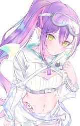 Rule 34 | 1girl, bandeau, blush, breasts, closed mouth, ear piercing, expressionless, goggles, goggles on head, green eyes, hair between eyes, high ponytail, highres, hololive, hooded shrug, long hair, long sleeves, looking at viewer, midriff, multicolored hair, navel, navel piercing, piercing, pink hair, purple hair, see-through, see-through sleeves, shorts, sidelocks, simple background, small breasts, solo, stomach, stomach tattoo, tattoo, tokoyami towa, tokoyami towa (5th costume), virtual youtuber, white background, white bandeau, white shorts, white shrug, yomogi mogu