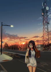 Rule 34 | 1girl, :t, absurdres, apple, bag, baguette, black jacket, blurry, bread, breasts, brown hair, carrot, cloud, collarbone, cropped jacket, cropped legs, daikon, depth of field, dress, eating, feet out of frame, food, fruit, glasses, gradient sky, grocery bag, highres, holding, holding food, holding fruit, jacket, lamppost, looking at viewer, medium breasts, medium hair, ndtwofives, open clothes, open jacket, original, outdoors, power lines, purple eyes, radio tower, radish, road, road sign, scenery, semi-rimless eyewear, shopping bag, short dress, short sleeves, sign, sky, solo, spring onion, standing, stop sign, sunset, twilight, twitter username, under-rim eyewear, undershirt, white dress