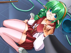 Rule 34 | 1boy, 1girl, alice soft, bell, blue eyes, braid, brooch, bucket, celes leblanc, collar, dutch angle, elf, floor, from above, game cg, glasses, green hair, hair between eyes, hairband, hetero, holding hands, hose, indoors, jacket, jewelry, jingle bell, karen (artist), kneeling, leg grab, long hair, long pointy ears, looking at viewer, male hand, mary janes, miniskirt, neck bell, on floor, outstretched arm, parted lips, pastel chime, pink thighhighs, plaid, pleated skirt, pointy ears, pov, profile, reflection, school uniform, scrunchie, serafuku, shirt, shoes, single braid, sitting, skirt, spill, thigh gap, thighhighs, tile floor, tiles, wariza, water, zettai ryouiki