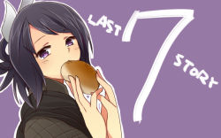 Rule 34 | 1girl, aq interactive, black hair, bread, copyright name, female focus, food, hoshihuri, long hair, looking at viewer, manamia, manamia (the last story), mistwalker, nintendo, purple background, purple eyes, ribbon, scarf, solo, the last story