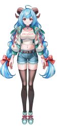Rule 34 | 1girl, ahoge, alpha transparency, aqua footwear, arms at sides, belt, bow, braid, breasts, chain, choker, closed mouth, collarbone, crop top, cropped jacket, denim, denim shorts, full body, hair bow, hc (razel1), high tops, highres, horns, jacket, lace-trimmed shorts, lace trim, long hair, long sleeves, looking at viewer, medium breasts, midriff, multicolored hair, navel, open clothes, open jacket, original, pendant choker, red eyes, sheep horns, shirt, shoes, short shorts, shorts, smile, sneakers, solo, standing, straight-on, streaked hair, tachi-e, taut clothes, taut shirt, thighhighs, transparent background, twin braids, very long hair, virtual youtuber, white hair