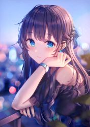 Rule 34 | 1girl, :3, bare shoulders, black dress, black hair, blue eyes, blurry, blurry background, blurry foreground, blush, braid, breasts, closed mouth, commentary, depth of field, dress, earrings, glowing, hand up, jewelry, kawami nami, long hair, medium breasts, off-shoulder dress, off shoulder, original, railing, short sleeves, smile, solo, upper body, very long hair, watch, wristwatch
