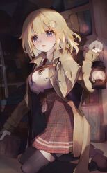 Rule 34 | 1girl, blonde hair, blue eyes, book, bookshelf, brown coat, brown skirt, coat, collared shirt, commentary, english commentary, hair ornament, high-waist skirt, highres, holding, holding book, holding lantern, hololive, hololive english, kneeling, lantern, long sleeves, looking at viewer, mixed-language commentary, necktie, open mouth, plaid, plaid skirt, pocket watch, red necktie, sauce darusungi, shirt, short necktie, skirt, solo, stethoscope, thigh strap, thighhighs, virtual youtuber, watch, watson amelia, watson amelia (1st costume), white shirt