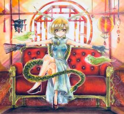 Rule 34 | antlers, asymmetrical hair, black footwear, blonde hair, blue dress, blue gloves, blush, chinese clothes, collared dress, couch, dragon girl, dragon horns, dragon tail, dress, floral print, gloves, hair between eyes, hairstyle request, high heels, highres, hisako (6anmbblfnjueeff), horns, kicchou yachie, otter spirit (touhou), short hair, tail, touhou, turtle shell, yellow eyes