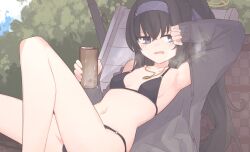 Rule 34 | 1girl, armpits, bikini, black bikini, black coat, black hair, blue archive, blue hairband, blush, breasts, can, coat, crossed bangs, hair between eyes, hairband, halo, highres, holding, holding can, jewelry, knees up, long hair, long sleeves, looking at viewer, lying, lyrinne, navel, on back, parted lips, pendant, ponytail, sleeves past wrists, small breasts, solo, swimsuit, ui (blue archive), ui (swimsuit) (blue archive), yellow halo