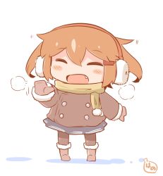 Rule 34 | 10s, ^ ^, adapted costume, blush stickers, boots, breath, brown hair, brown legwear, closed eyes, coat, commentary request, earmuffs, closed eyes, fang, hair ornament, hairclip, hanomido, ikazuchi (kancolle), kantai collection, mittens, open mouth, scarf, short hair, skirt, snow, snow boots, solo, waving