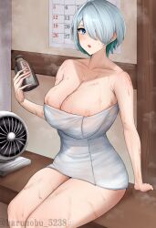 1girl :o absurdres aqua_hair arm_support bare_shoulders blue_eyes bottle breasts brid_(nikke) calendar_(object) cleavage collarbone colored_inner_hair commentary_request electric_fan goddess_of_victory:_nikke grey_hair hair_between_eyes hair_over_one_eye highres holding holding_bottle indoors large_breasts looking_at_viewer multicolored_hair nakamura_harunobu naked_towel open_mouth sidelocks sitting solo steaming_body towel twitter_username two-tone_hair wet