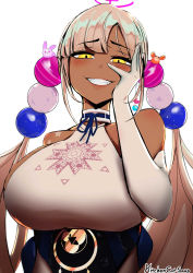 Rule 34 | 1girl, absurdres, artist name, belt, blush, breasts, choker, crab, dark-skinned female, dark skin, earrings, elbow gloves, gloves, grin, hair bobbles, hair ornament, hand on own cheek, hand on own face, highres, hololive, hololive english, huge breasts, jewelry, kitchencatsoup, long hair, looking at viewer, planet hair ornament, rabbit, ringlets, sideboob, simple background, smile, smirk, solo, teeth, thick thighs, thighs, tsukumo sana, tsukumo sana (1st costume), twintails, vector trace, virtual youtuber, white background, white gloves, white hair, yandere trance, yellow eyes
