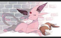 Rule 34 | bad id, bad pixiv id, body fur, brick wall, closed eyes, closed mouth, commentary request, creatures (company), eevee, espeon, forehead jewel, forked tail, game freak, gen 1 pokemon, gen 2 pokemon, hideko (l33l3b), letterboxed, nintendo, no humans, pink fur, pokemon, pokemon (creature), tail