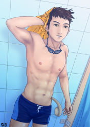Rule 34 | 1boy, arm behind head, armpits, bad id, bad pixiv id, blue male swimwear, brown eyes, brown hair, bulge, chestnut960, cowboy shot, dripping, goggles, male focus, male swimwear, nipples, original, parted lips, shower (place), shower head, showering, signature, solo, spiked hair, swim briefs, towel, wet, wet hair