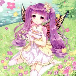 Rule 34 | 1girl, absurdres, anklet, barefoot, blush, butterfly wings, crown, earrings, fairy, firiaria, flower, grass, highres, huge filesize, insect wings, jewelry, kidatsu! dungeons lord, long hair, looking at viewer, original, outdoors, purple hair, red eyes, sitting, smile, solo, toeless legwear, twintails, wasabi (sekai), water, wings