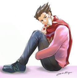 Rule 34 | 1boy, ace attorney, aged down, black hair, black pants, brown eyes, full body, hugging own legs, knees up, long sleeves, male focus, mask, unworn mask, mouth mask, pants, phoenix wright, pink shirt, red scarf, scarf, shirt, shoes, sitting, sneakers, solo, spiked hair, twitter username, wakadori, white background