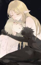 Rule 34 | 2girls, bare shoulders, black background, black dress, blonde hair, closed eyes, closed mouth, commentary request, dress, dungeon meshi, elf, falin touden, falin touden (chimera), feathers, head on hand, highres, hug, le (szs0k), long hair, marcille donato, marcille donato (lord), multiple girls, off-shoulder dress, off shoulder, parted lips, pointy ears, smile, yellow eyes, yuri