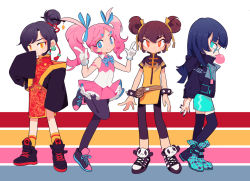 Rule 34 | 4girls, ankle boots, annotated, aqua eyes, arms behind back, black hair, black leggings, blue eyes, blue hair, boots, borrowed character, bracelet, brown hair, blowing bubbles, chengou hunters, chewing gum, china dress, chinese clothes, commentary, double bun, dress, english commentary, fang, finger gun, flat chest, full body, glasses, gloves, guangzhou charge, hair bun, hair ribbon, hangzhou spark, hime cut, idol, jacket, jewelry, leggings, long hair, multiple girls, ojou-sama pose, orange eyes, orange socks, overwatch, overwatch 1, overwatch league, panda, pantyhose, parted bangs, pink dress, pink hair, red dress, ribbon, rye-beer, shanghai dragons, shoes, short hair, single hair bun, sleeves past wrists, sneakers, socks, spiked bracelet, spikes, swept bangs, thighhighs, twintails, white gloves, wide sleeves, yellow eyes, zettai ryouiki