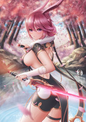 Rule 34 | 1girl, absurdres, back, blue sky, blurry, blurry foreground, breasts, cherry blossoms, chinese clothes, closed mouth, cloud, cloudy sky, dual wielding, fingerless gloves, gloves, hair between eyes, highres, holding, holding sword, holding weapon, honkai (series), honkai impact 3rd, katana, lake, large breasts, looking at viewer, looking back, mus-pai, outdoors, petals, pink hair, purple eyes, short sleeves, sideboob, sky, solo, standing, sword, tree, water, weapon, wet, white gloves, yae kasumi, yae sakura, yae kasumi