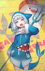 Rule 34 | 1girl, blue eyes, blue hair, blue jacket, blunt bangs, blush, fins, fish tail, gawr gura, gawr gura (1st costume), highres, holding, holding polearm, holding weapon, hololive, hololive english, hood, jacket, lack, long sleeves, looking at viewer, multicolored hair, open mouth, polearm, shark tail, sharp teeth, solo, standing, tail, teeth, thighs, trident, two-tone hair, virtual youtuber, weapon, white hair